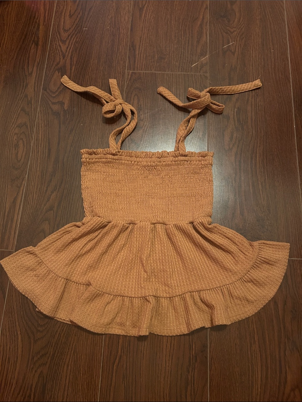 Paper Crane Rust Brown Smocked Ruffle Tie-Strap Top